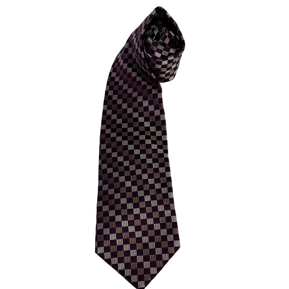 Joseph & Feiss International Mens Silk Tie Burgundy Gold Geometric Checkerboard